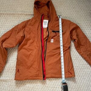 Topo Designs Rusty Orange color Jacket w/ Black + Red Details, women’s medium